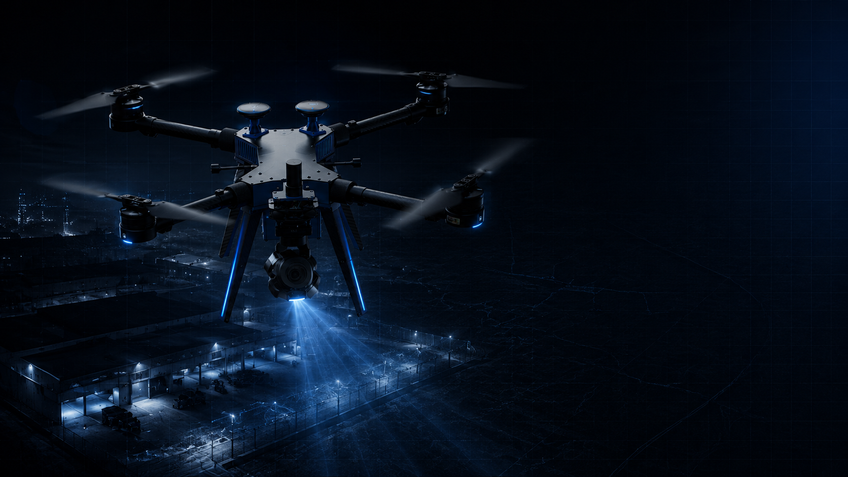 Feral Drones autonomous drone-in-a-box quadcopter patrolling an industrial perimeter at night